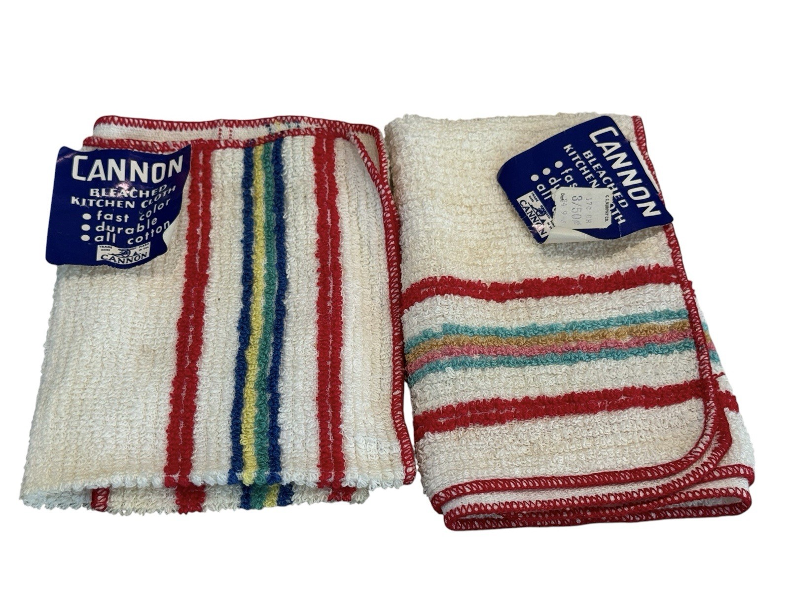VTG Cannon Kitchen Cloths Bleached Cotton Striped Set Of 2 NEW Old Stock READ