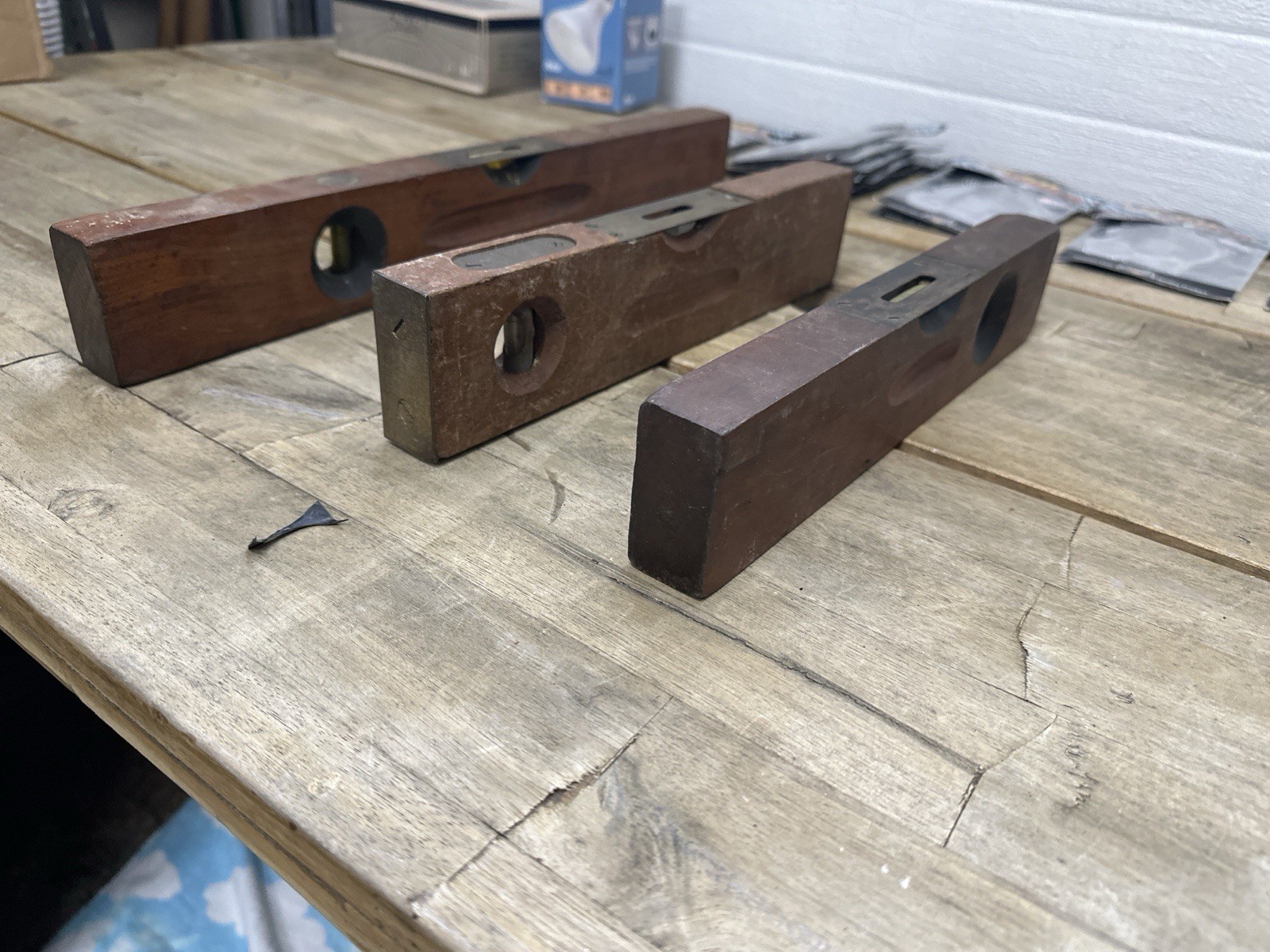 Vintage Wood Spirit Level Lot 3 Antique Carpenter Mason Brass Bound Tool