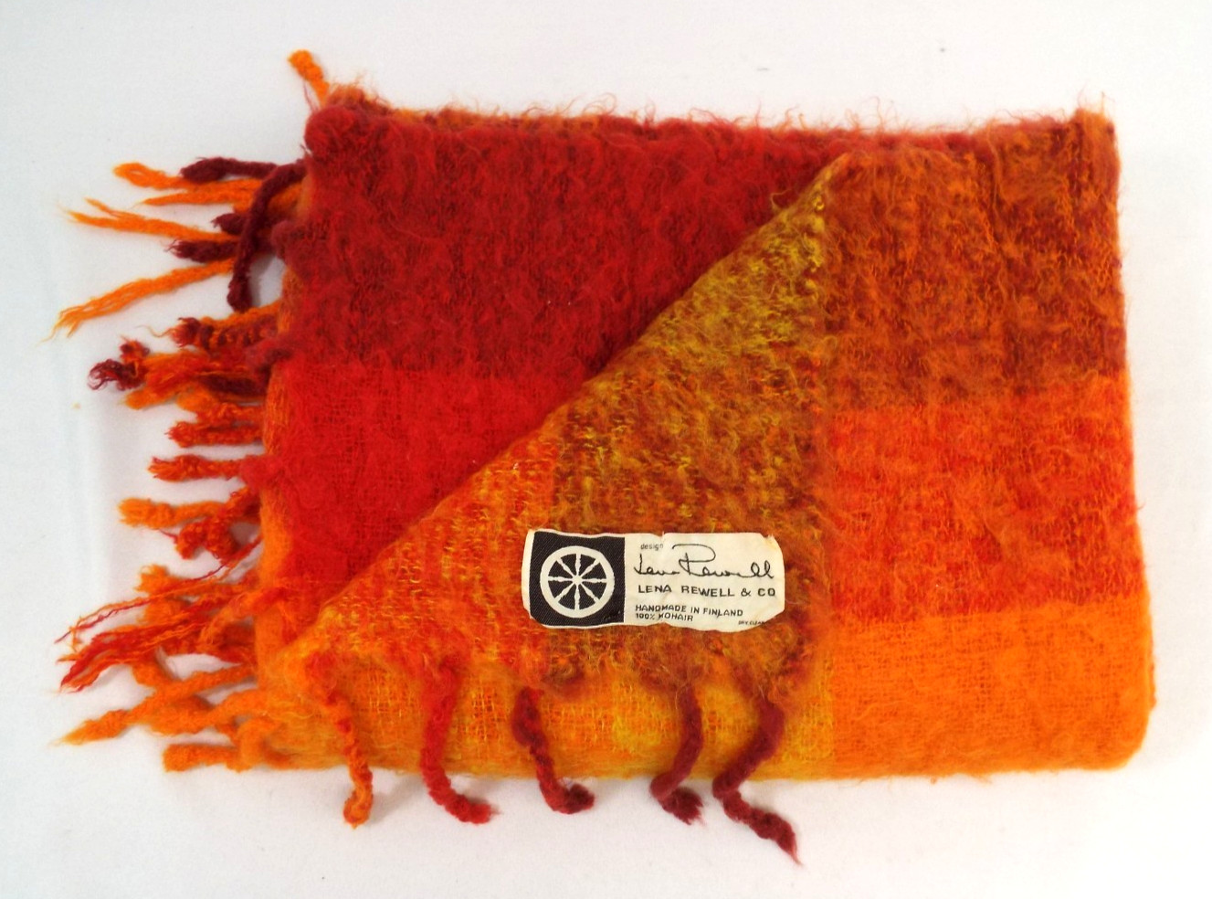 Vintage Lena Rewell Mohair Throw Blanket Finland Scandinavian Orange Red Fringe