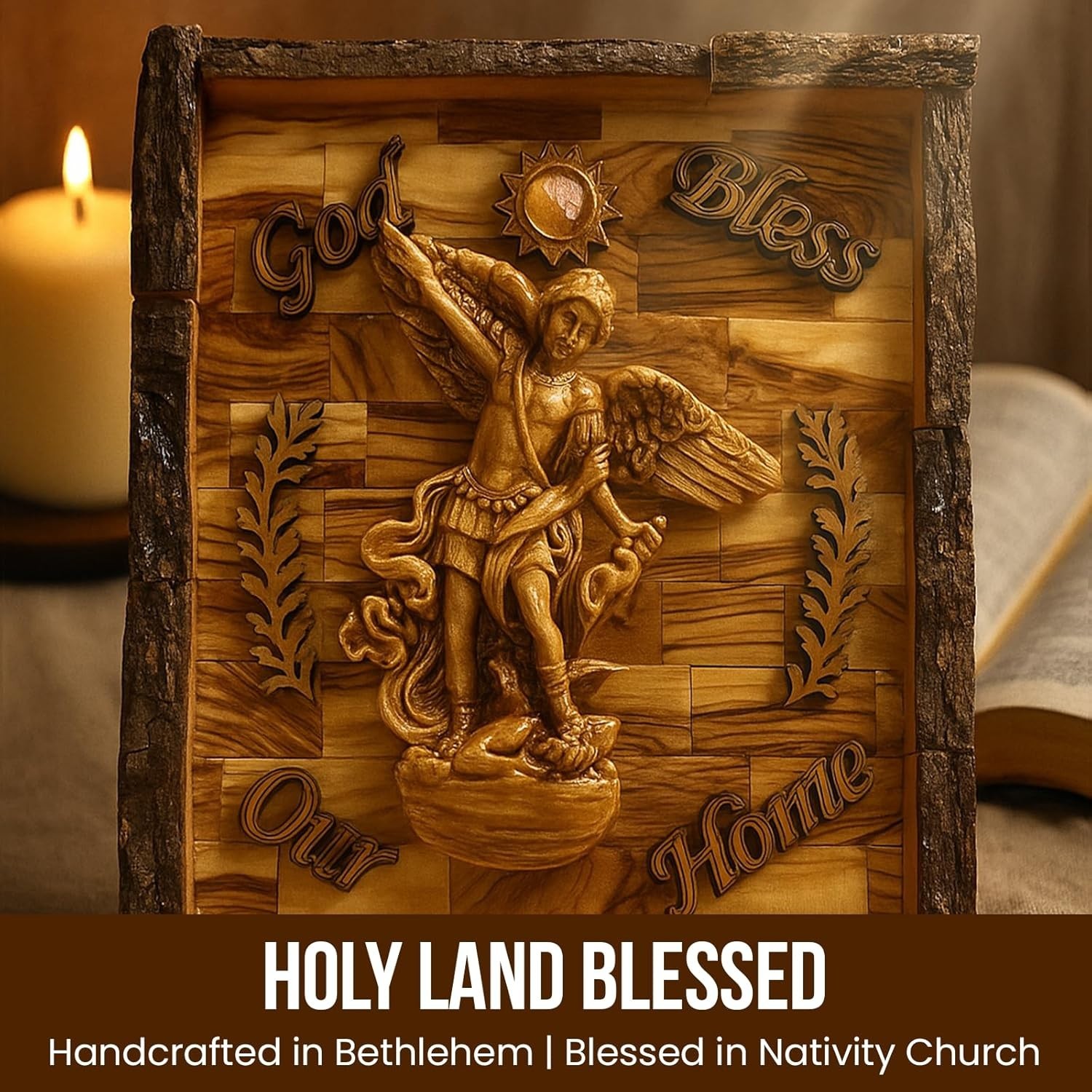 Holy Land Olive Wood St. Michael Archangel Wall Plaque, God Bless Our Home Hand