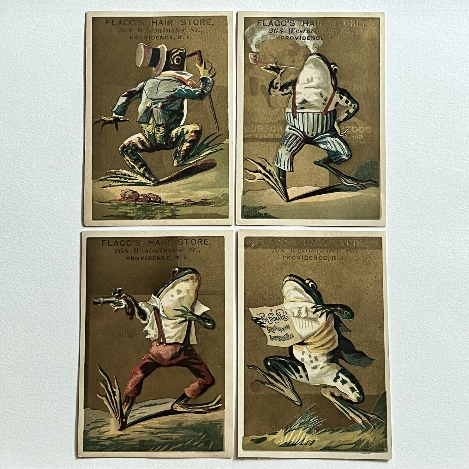 Antique Hair Store Anthropomorphic Frog Trade Card Set Pipe Gun Music Cane