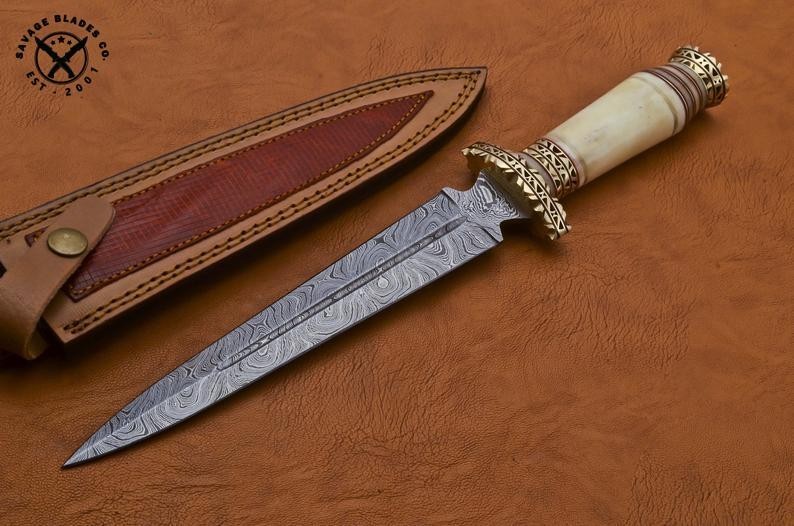 SBC Handmade Damascus Steel Hunting Dagger Knife W/ Camel Bone Handle