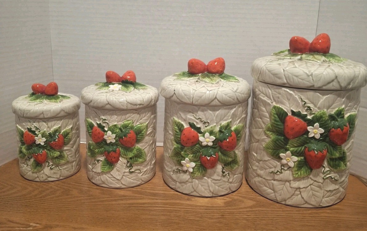 Vtg 1981 Sears Roebuck Strawberry Canister Set of 4 Japan Ceramic Retro Kitchen