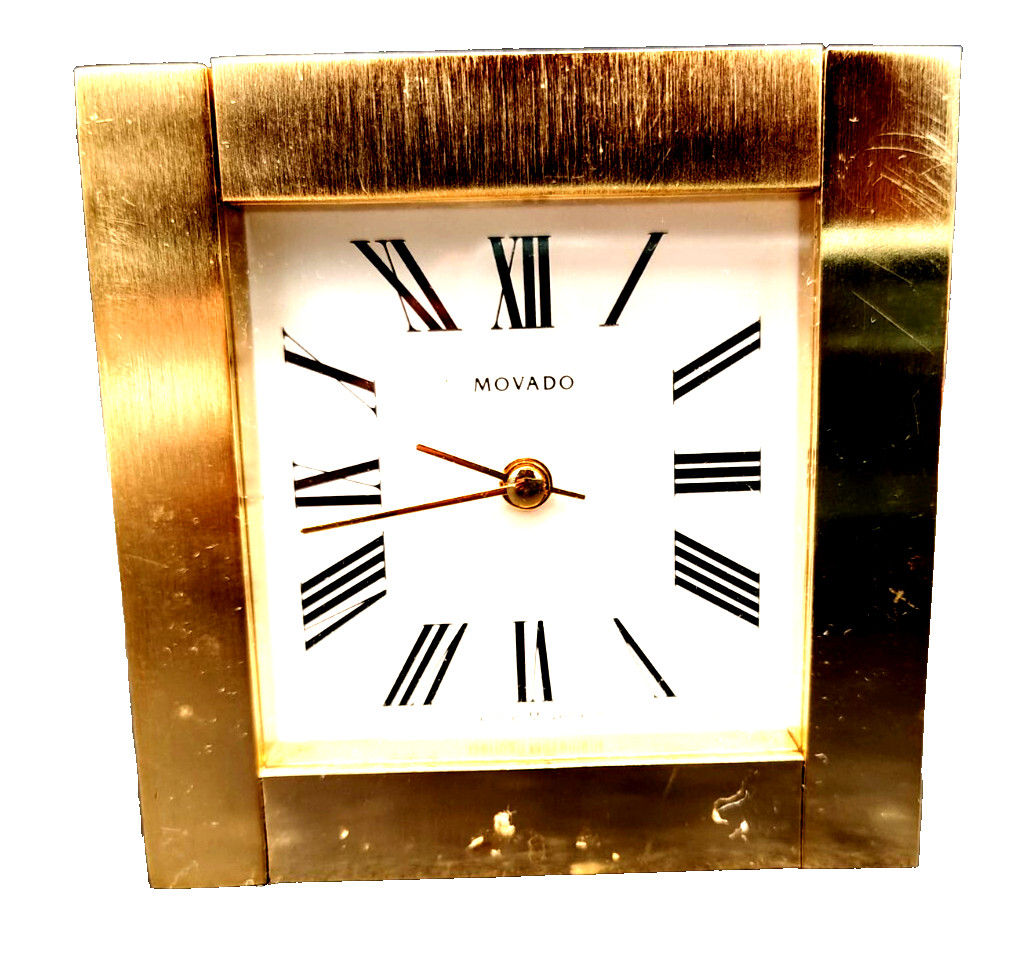 Vintage Movado Square Brass Desk Clock Roman Numerals German Movement 4 x 4 in