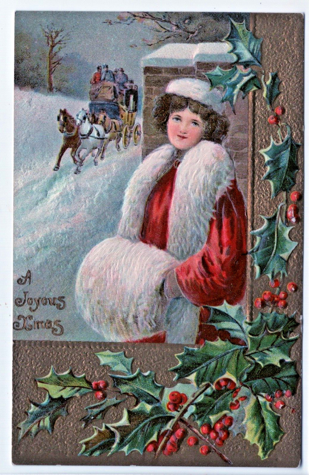 Christmas Vintage Postcard Gottschalk 2146 Woman White Fur Stole Muff Stagecoach