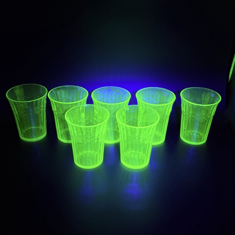 Vtg Uranium Vaseline Glass Glasses Set of 7 UV Reactive Green Aunt Polly Tumbler