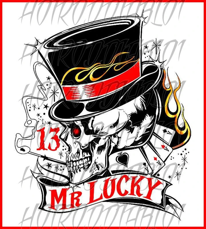 MR. LUCKY 13 RAT FINK HOT ROD BIKER MOTORCYCLES TOOLS GUNS STICKER  4in.
