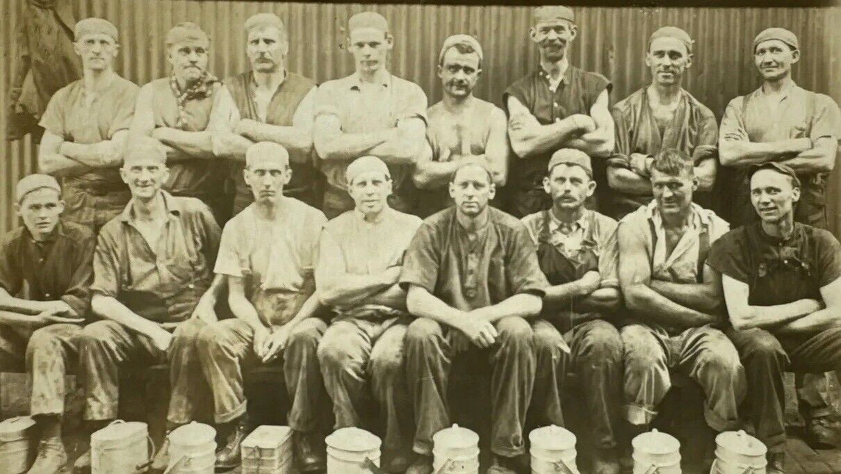 Antique RPPC Blue Collar Working Men Group Lunch Pails Buckets Occupational Antique RPPC Blue Collar Working Men Group Lunch Pails Buckets Occupational