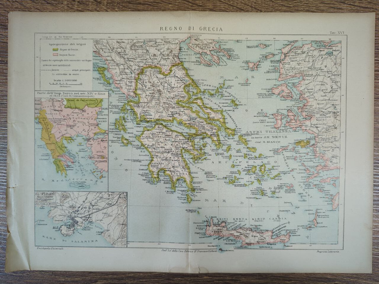 Vintage 1920s Greece Italian Geography Map Mykonos Athens Color C29-1