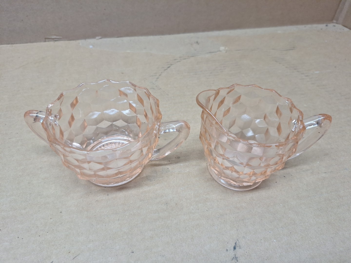 1930s Pink Depression Cream and Sugar Jeannette Windsor Diamond Pattern