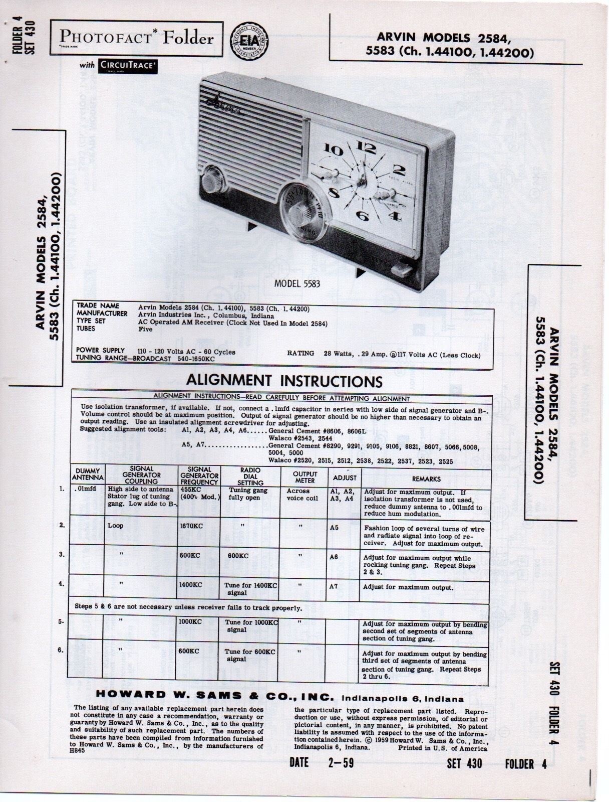 1959 ARVIN 2584 5583 CLOCK RADIO SERVICE MANUAL PHOTOFACT SCHEMATIC 1.44100 FIX