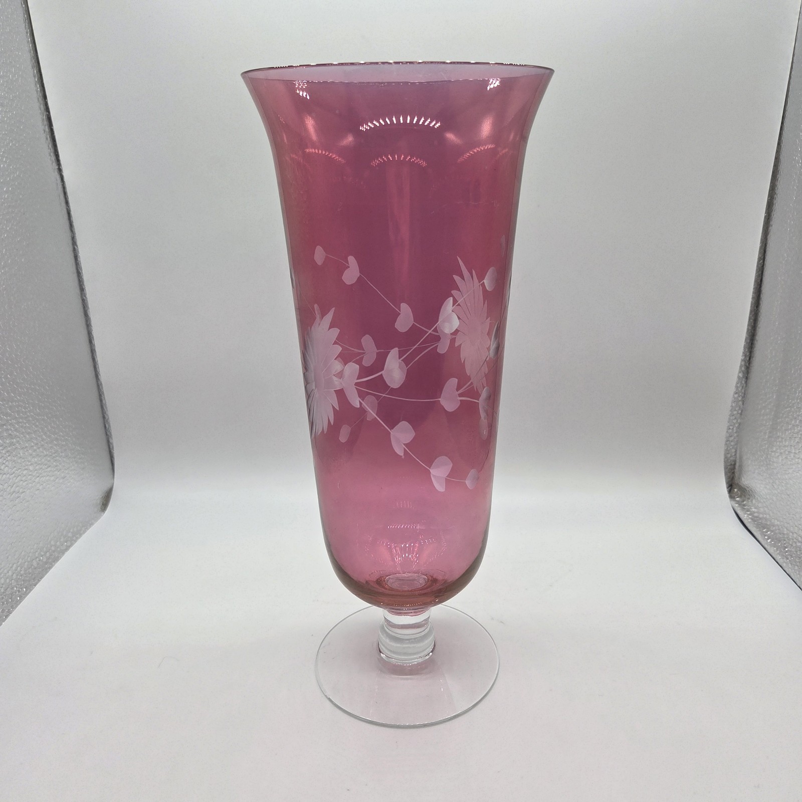 Vintage Cranberry Etched Glass Footed Vase