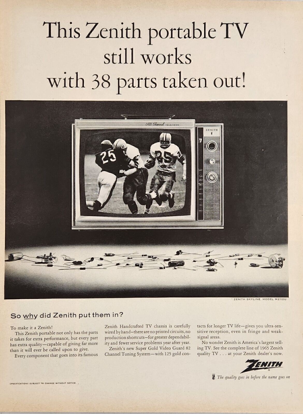 1964 Print Ad Zenith Skyline Model Portable TV Sets Football on Television