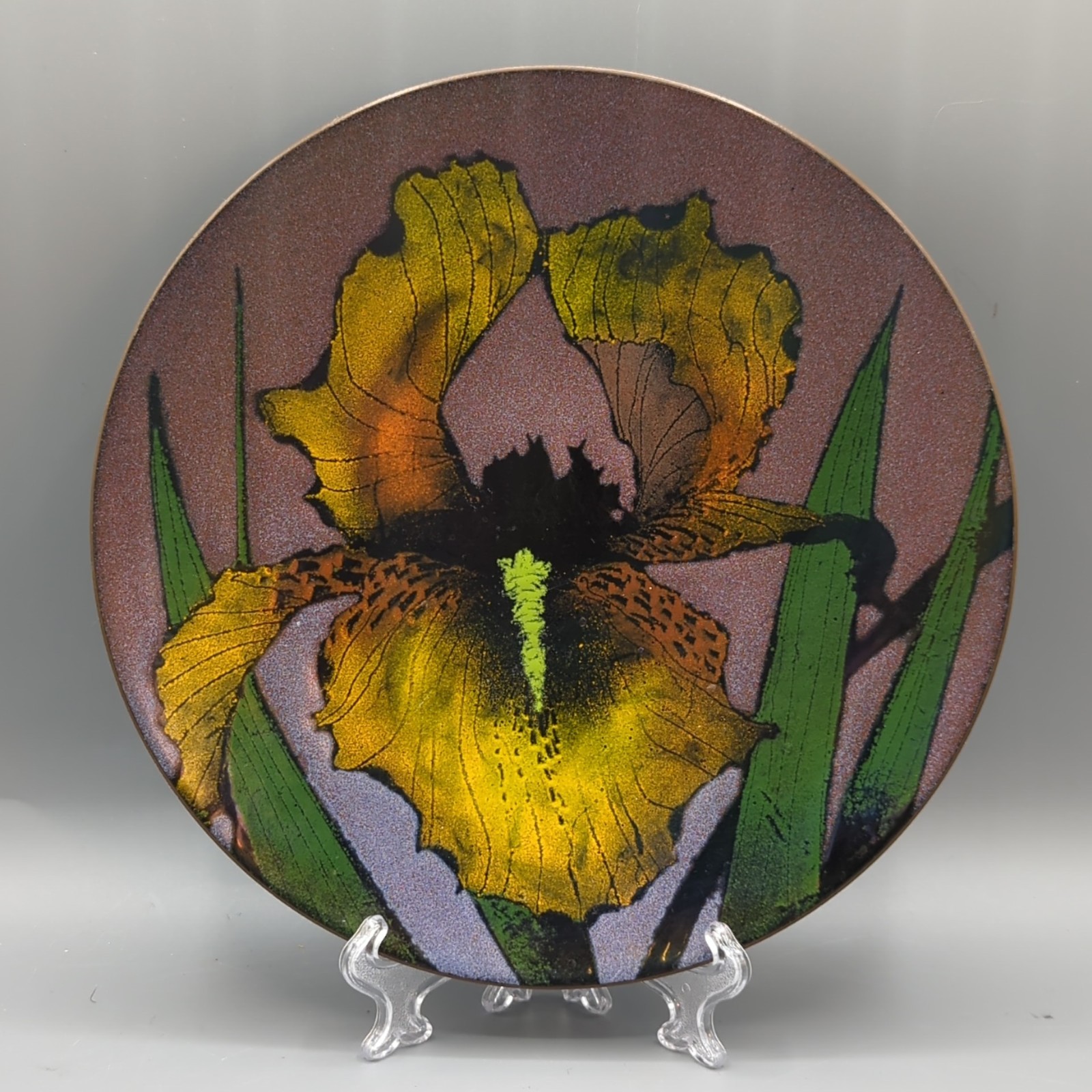 Rare DEAN DRAHOS Enamel Dish Plate Iris Flower Signed Neo Art Nouveau 8\