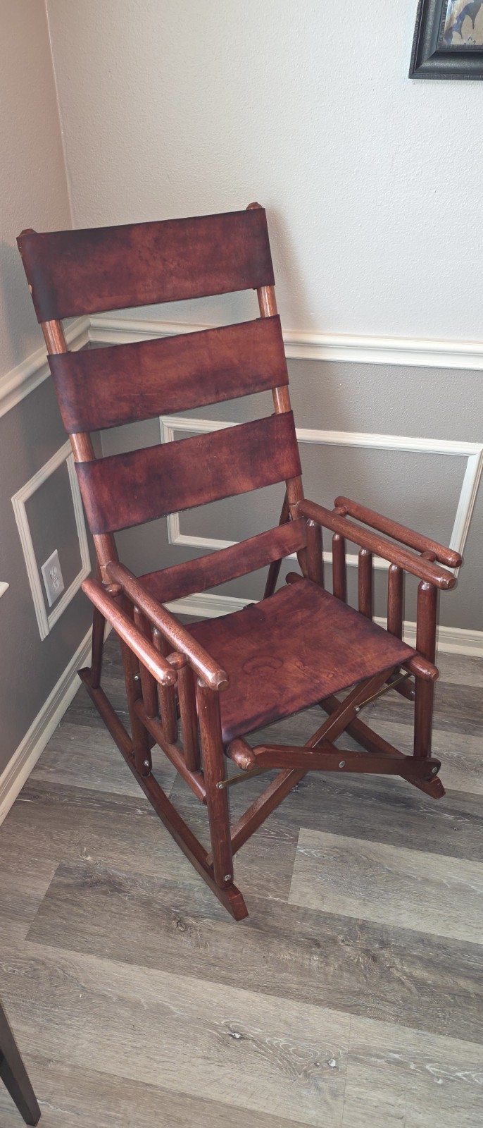 Vintage Costa Rican Teak & Leather Safari Campaign Rocking Chair Mid Century MCM