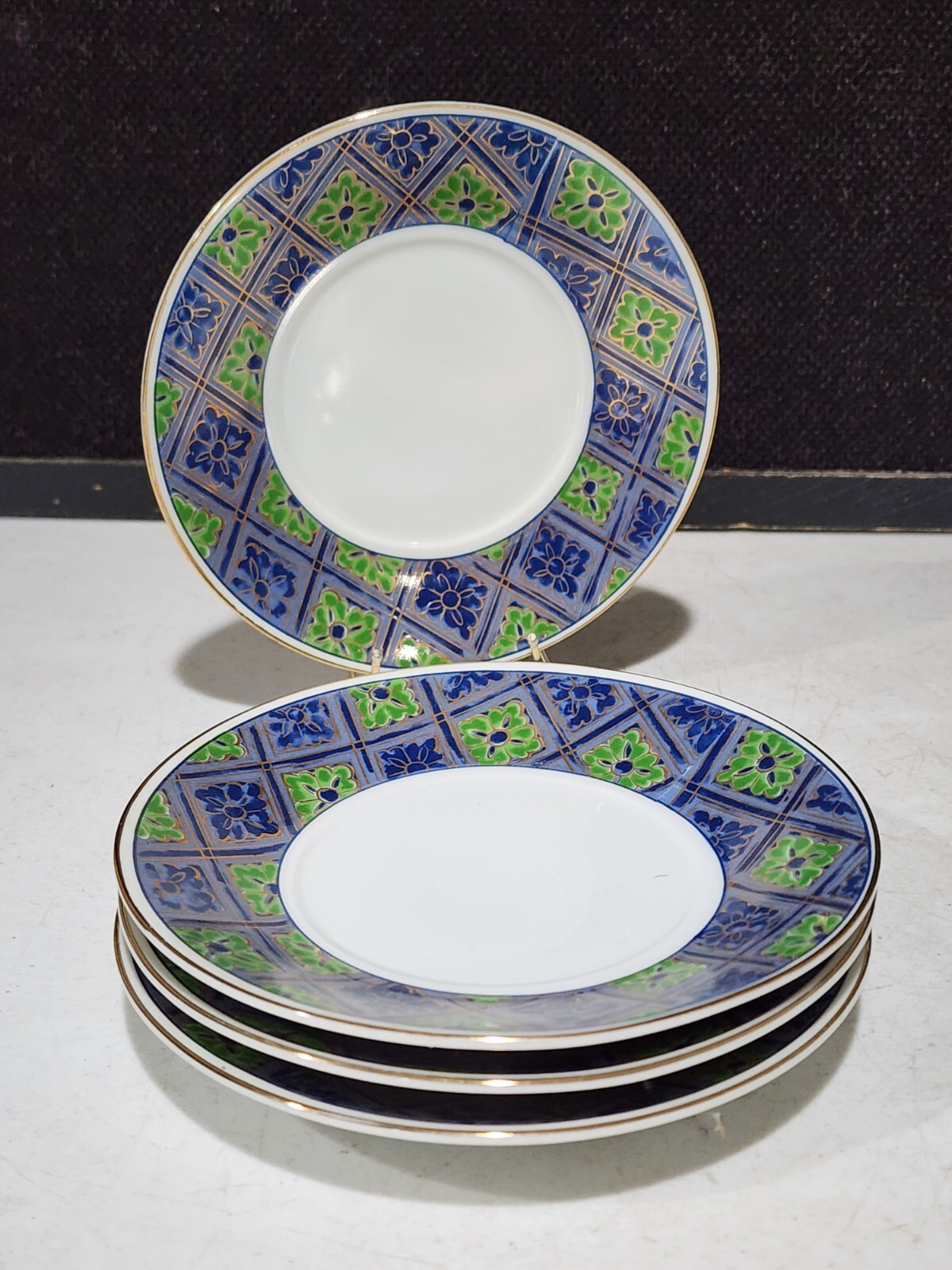 SET OF 4-  Bloomingdale's Kutani Brocade Saucers Japan Porcelain Blue