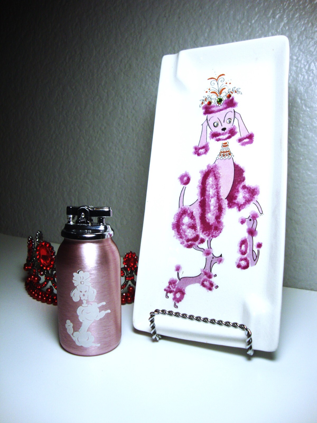 Working Pink Metal Poodle Lighter & Porcelain Pink Rhinestone Poodle Ashtray