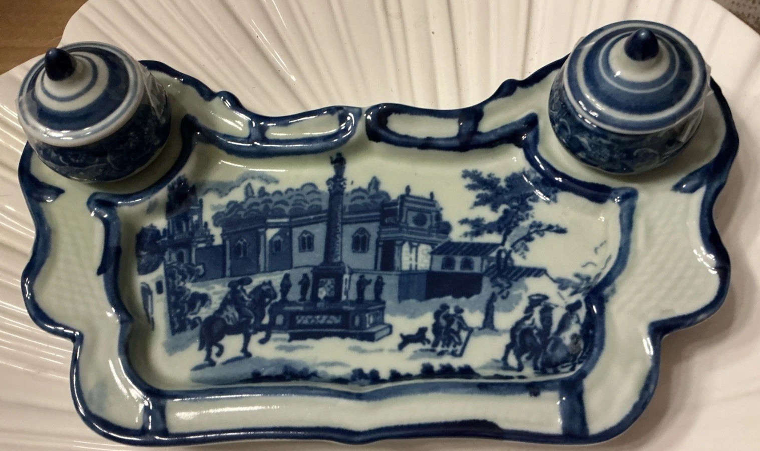 Vintage Victoria Ware Ironstone Flow Blue Double Inkwell and Tray