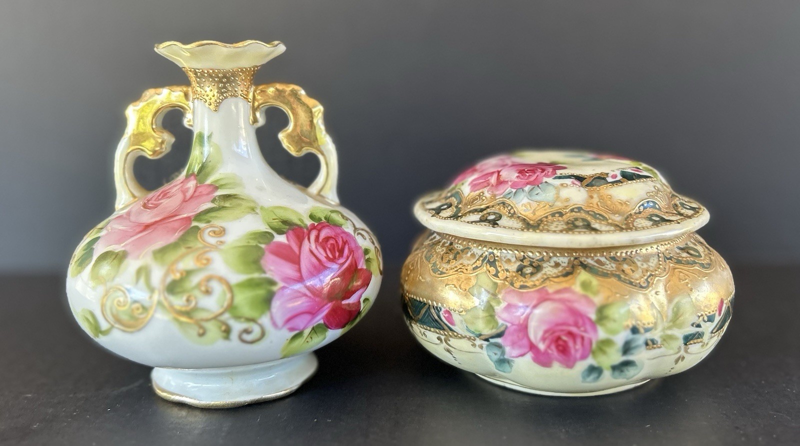 Morimura Nippon Vanity Set Bud Vase & Powder Box Hand Painted Rose Gold Gilt