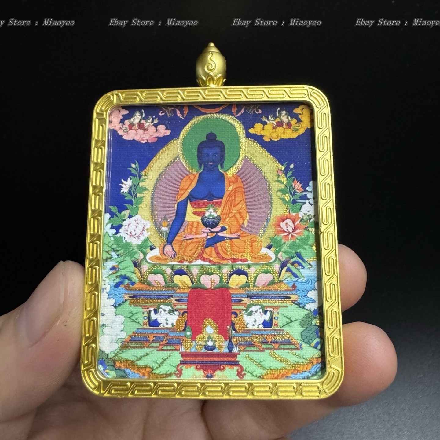 Hand-Painted Nepalese Tibetan Thangka Gau Pendant - Medicine Buddha