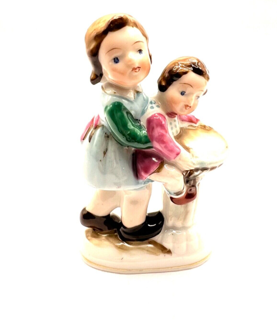 Occupied Japan VTG Porcelain Figurine Sister Helping Child Drinking Fountain