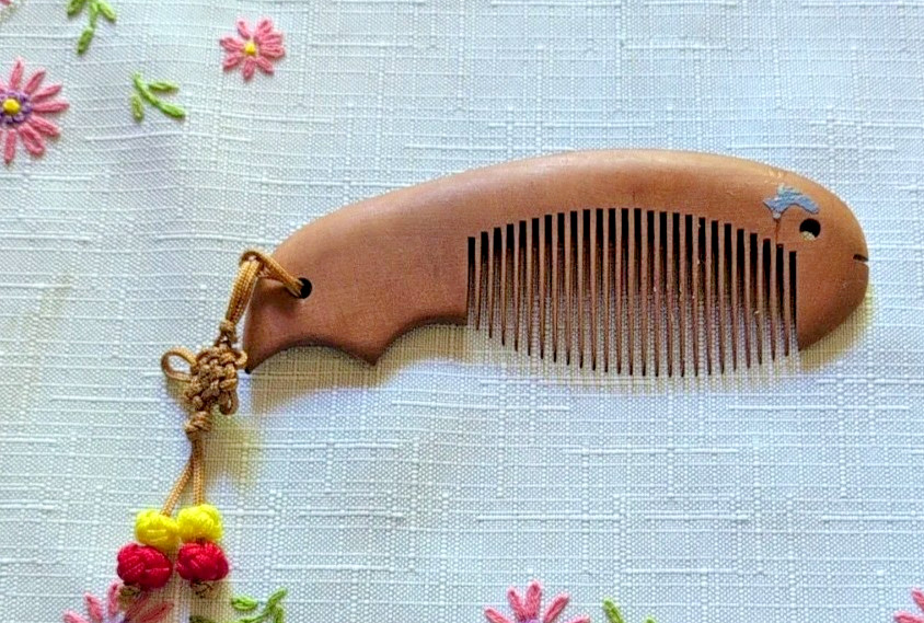 Vintage Asian Carved Wood Fish Shape Small Comb W Charm Drop + Symbols 5\