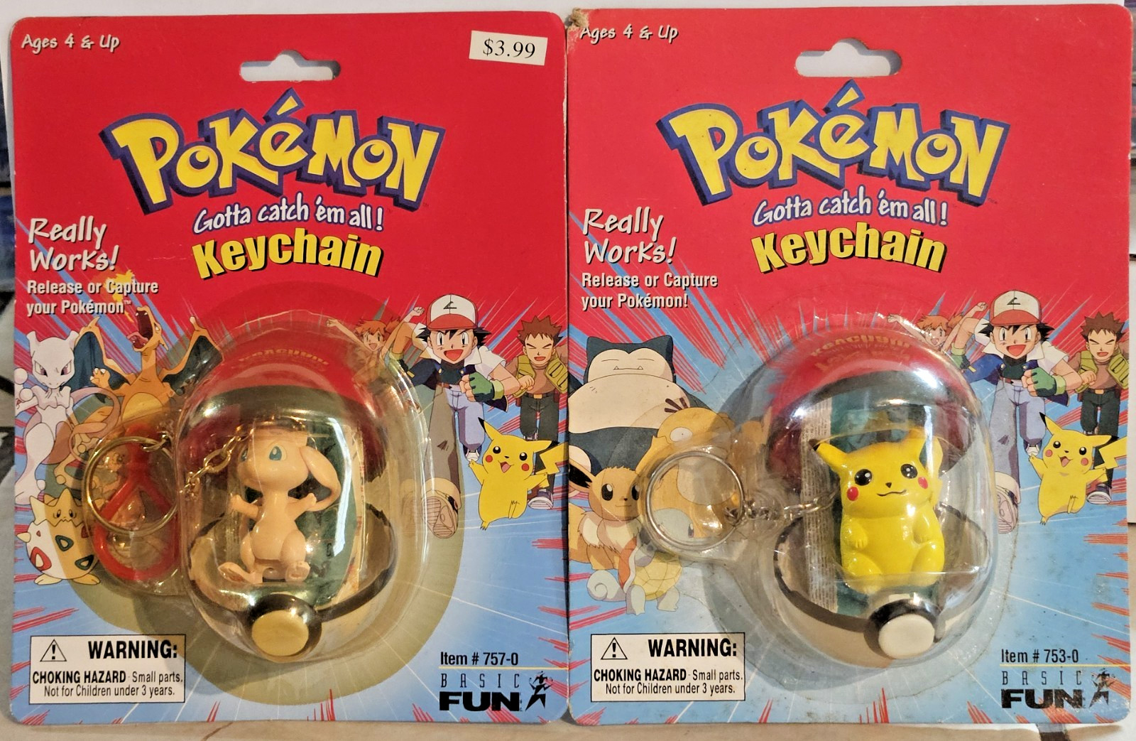 Vintage Pokemon Pokeball Keychain Sealed Lot PIKACHU 1999 MEW 2000 Basic Fun New
