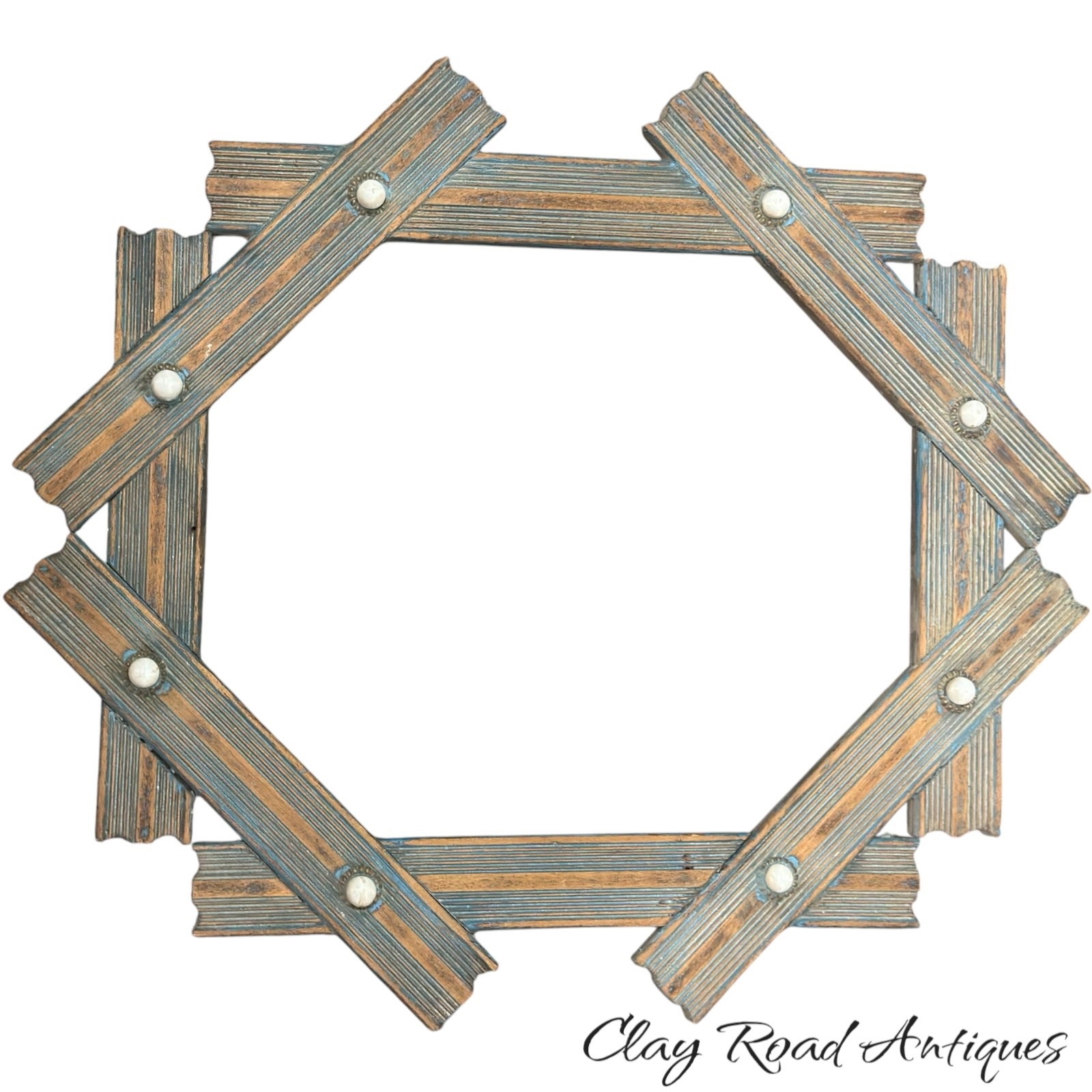 Antique Folk Art Tramp Art Picture Frame Porcelain Knobs Blue Paint c.1900
