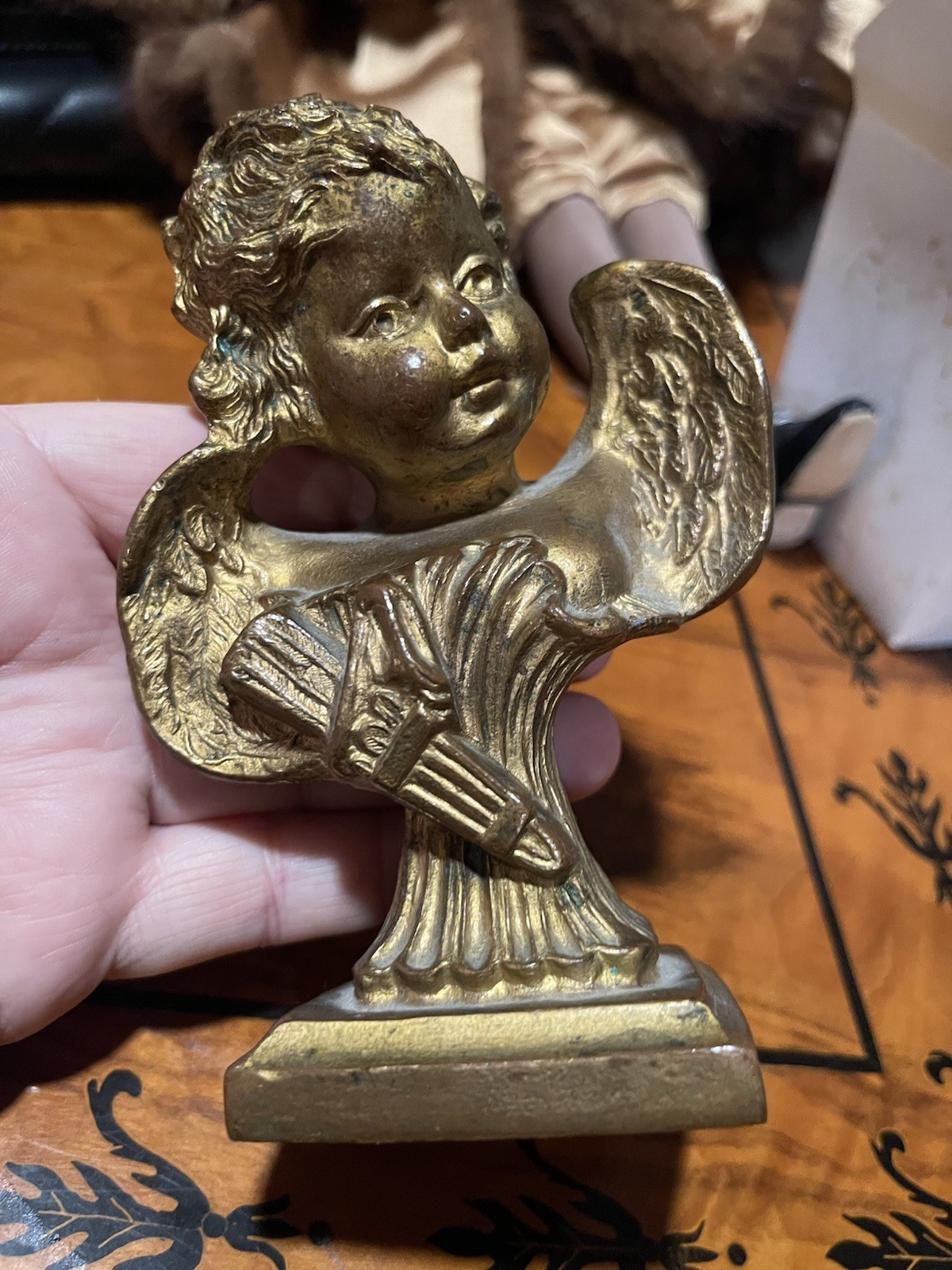 Antique Gold Gilt Cupid Cherub Putti Angel Figurine Wheat Quiver & Arrows 6” EX
