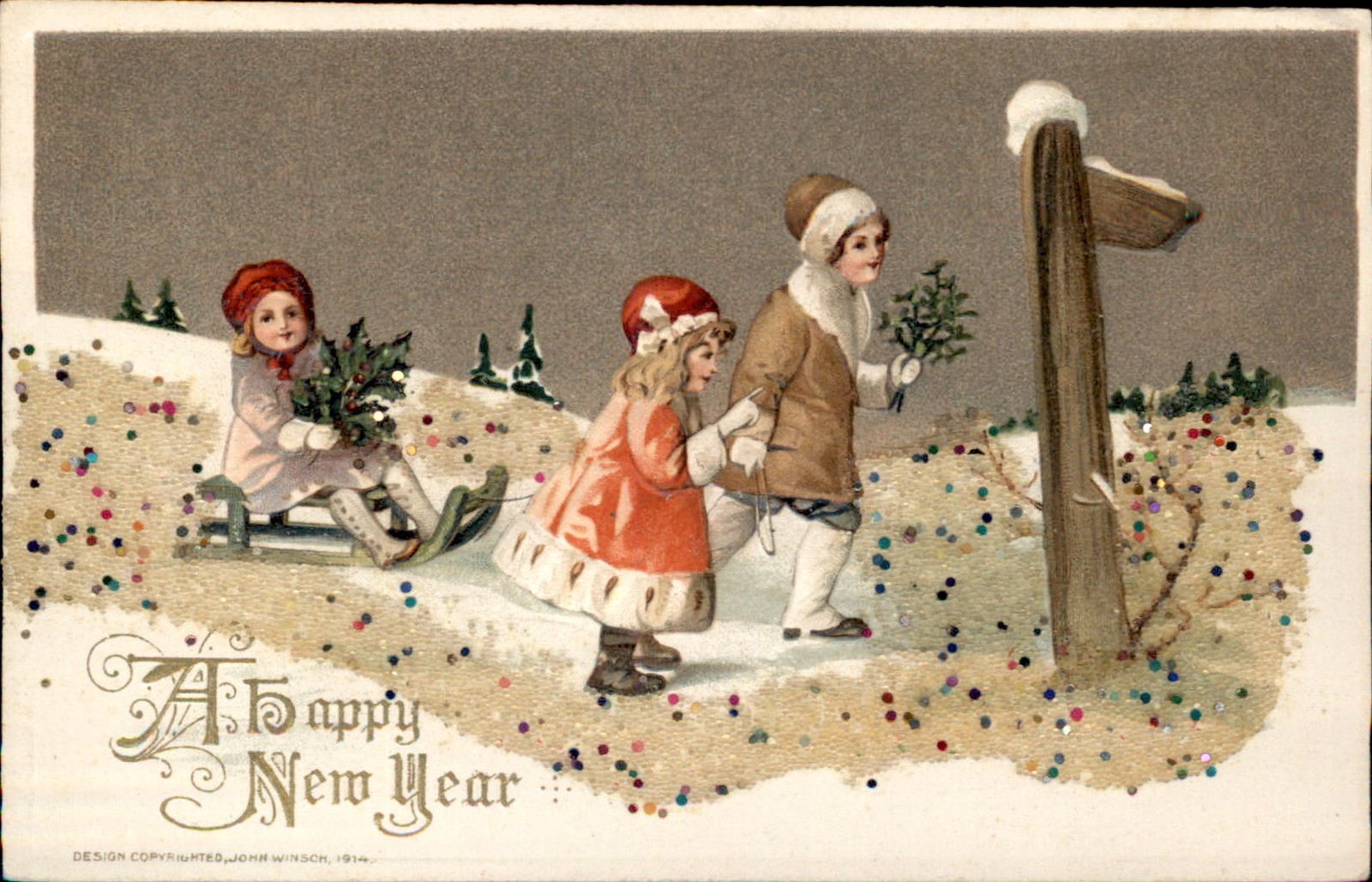New Year's Children on Winter Path John Winsch c1910s-20s Vintage Postcard