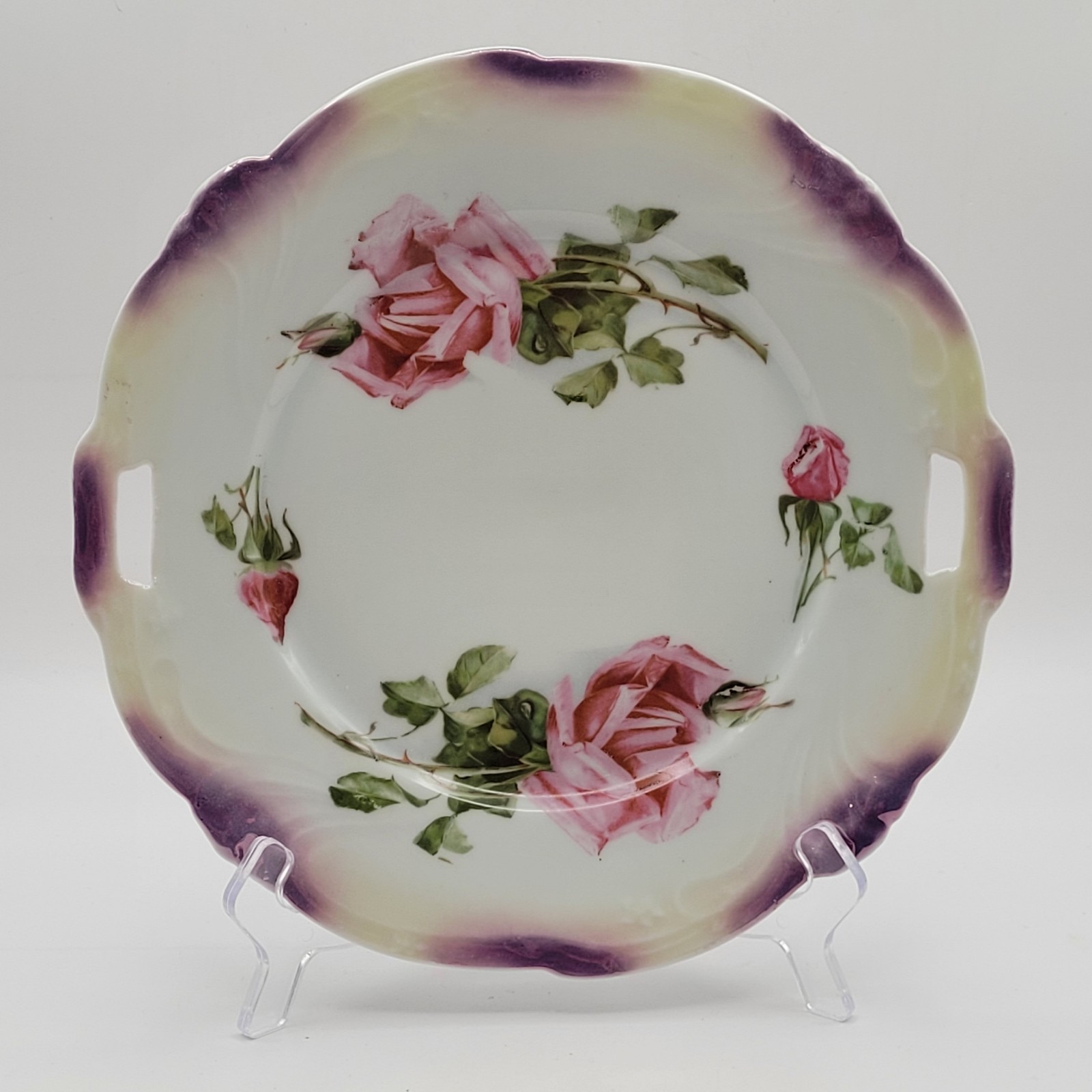 Vintage German Lusterware Floral Procelain Handled Serving Plate Scalloped Rim Vintage German Lusterware Floral Procelain Handled Serving Plate Scalloped Rim