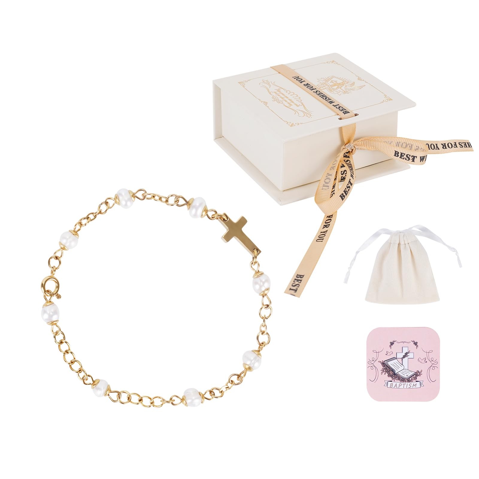 Cafzed Baby Baptism Bracelet with Cross Pearl Gift Box Cafzed Baby Baptism Bracelet with Cross Pearl Gift Box