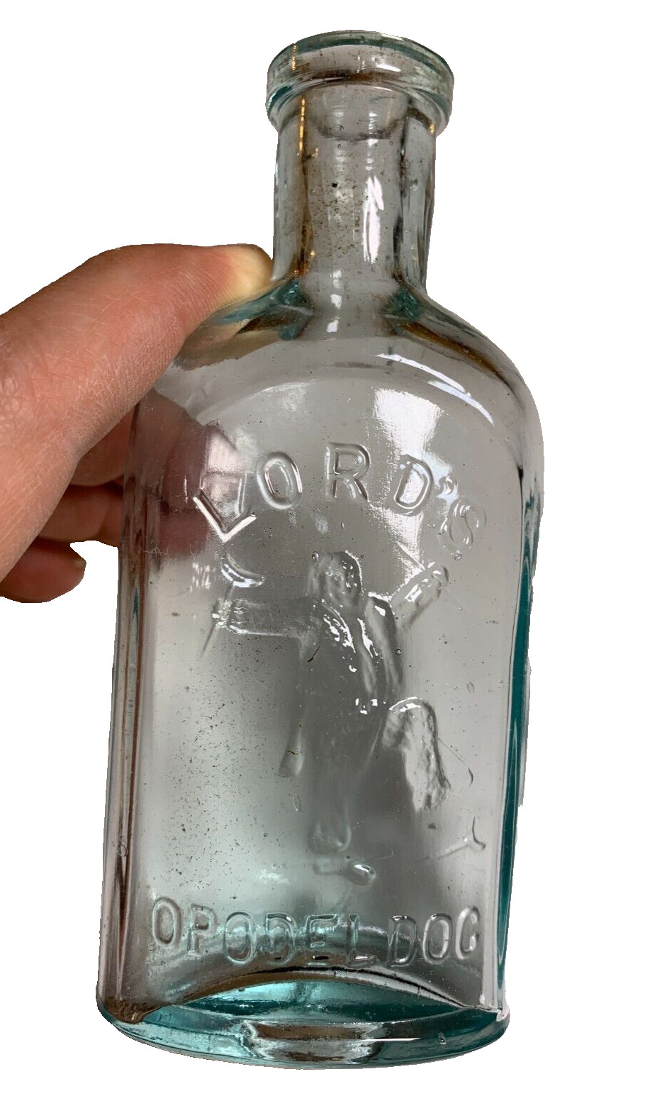 PRISTINE Antique LORD\'S OPODELDOC Bottle Embossed Man Breaking Crutches NEW York