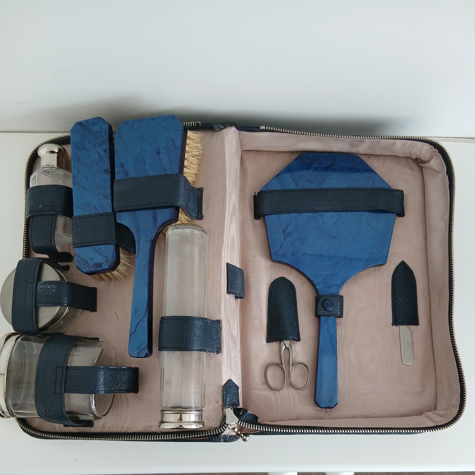 Vintage Blue Vanity Grooming Set Mirror Brushes  Glass Bottles 