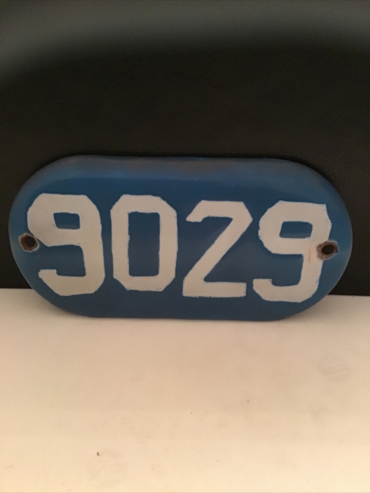 VIntage/Antique 5”x2.5” Sky Blue Enamel Porcelain White Number Address Sign 9029