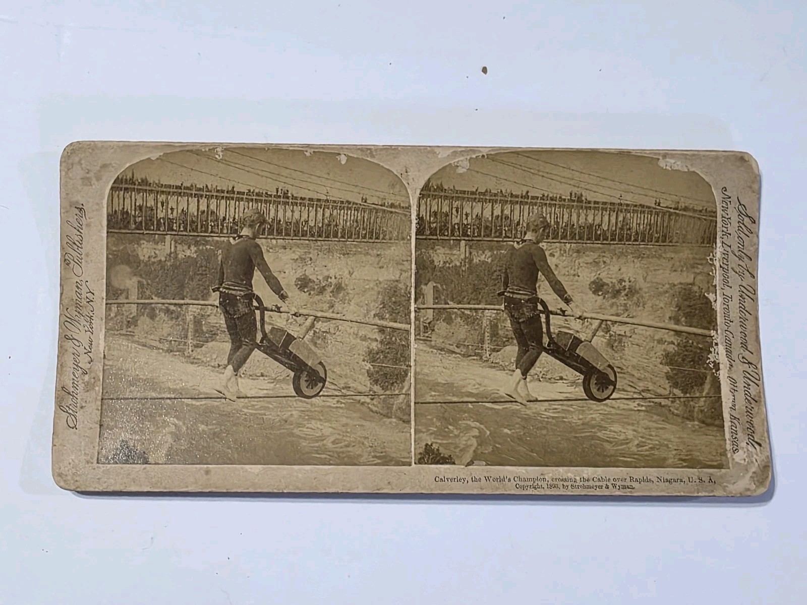Daredevil Clifford Calverley Tightrope Walker Over Niagara Falls Stereoview 1893