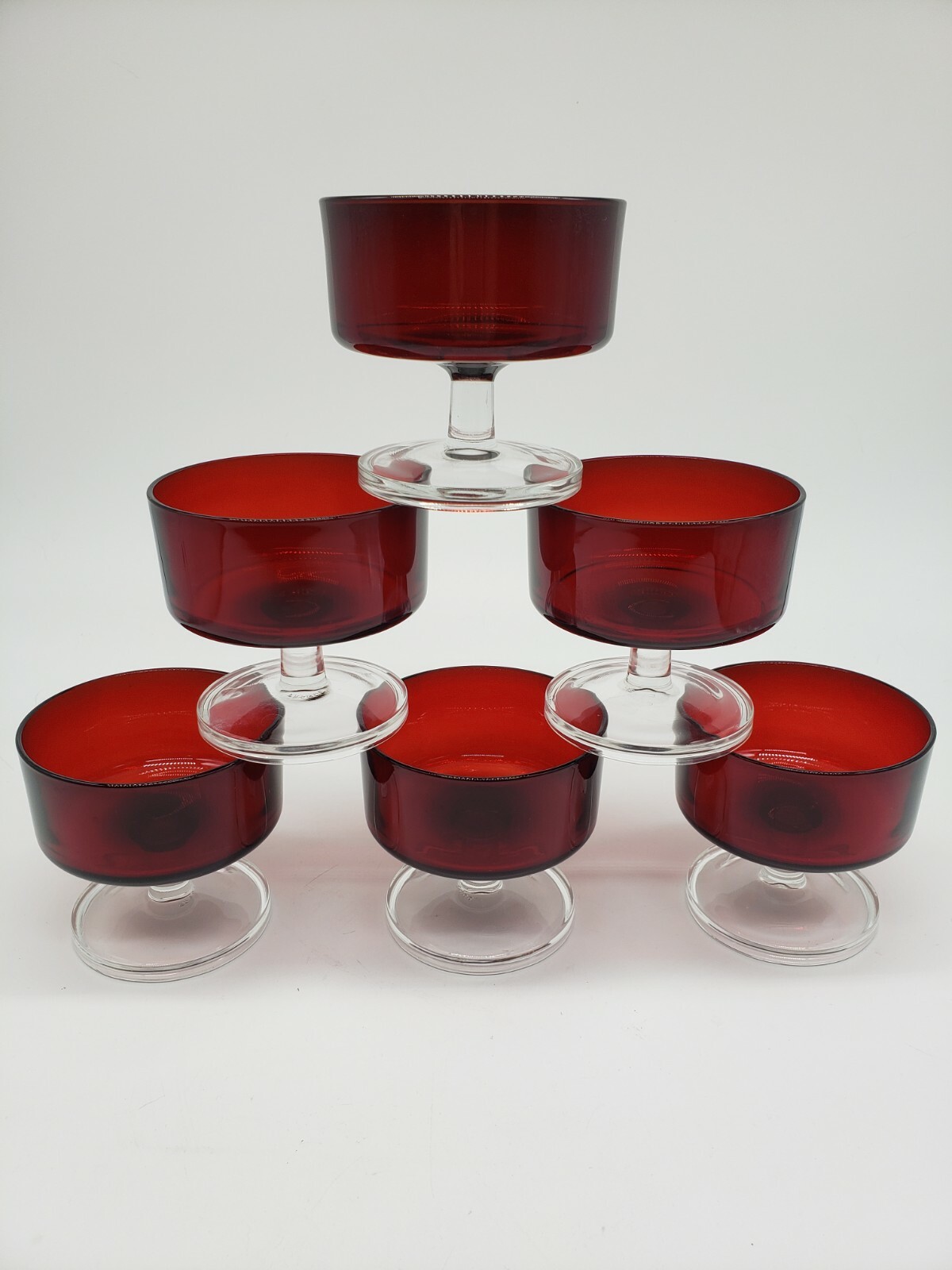 6 ARCOROC RUBY RED Glass Sherbet Dessert Dish Clear Stem France   T7