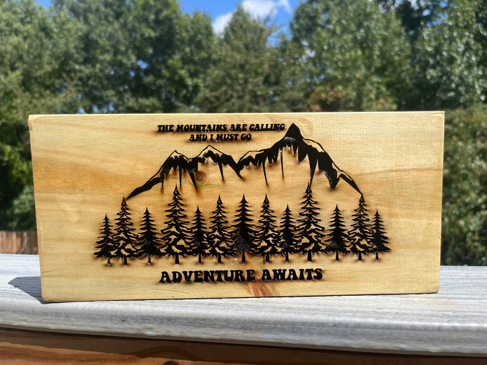 Mountains Camping adventures engraved Shelf Sitter Rustic reclaimed pine wood