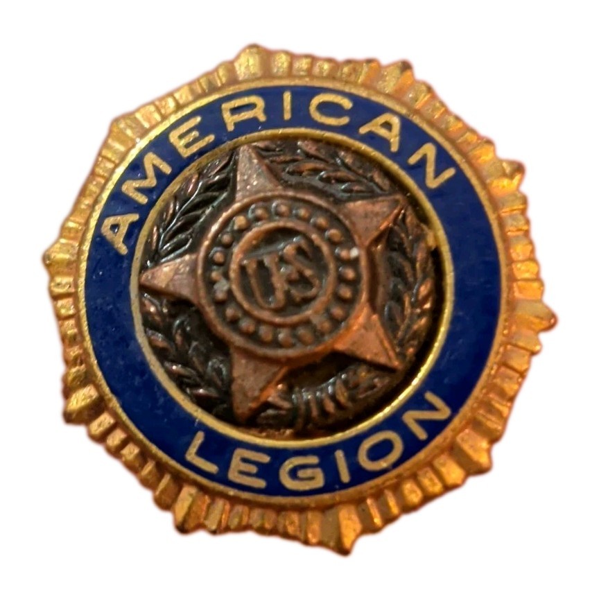 Vintage Gold Tone Enamel AMERICAN LEGION Pin Button Pat DE 54296 Screw Back