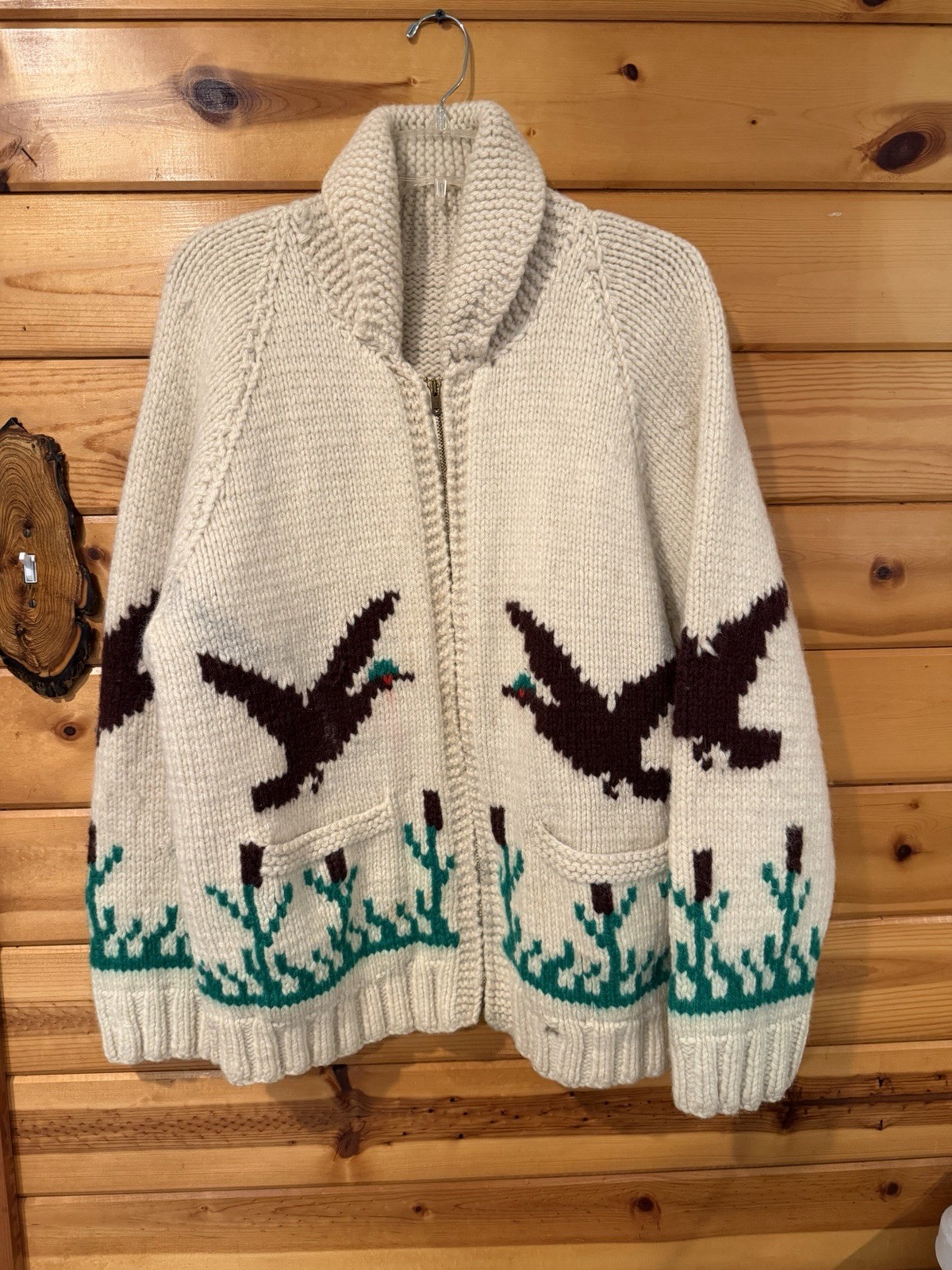 Vintage 1950s Mary Maxim Wild Duck Cowichan Sweater Heavy Wool Cardigan SizeXL