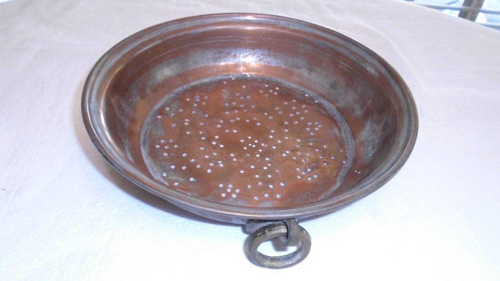 Antique Strainer 1800\'s Copper Tin Lined Primitive RARE Colander Large Hang Ring