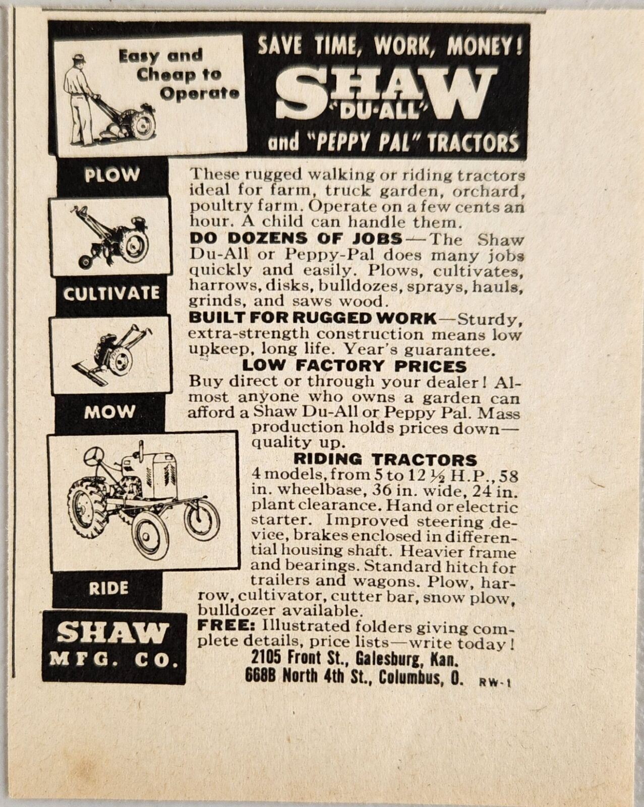 1948 Print Ad Shaw Du-All & Peppy Pal Tractors Galesburg,Kansas & Columbus,Ohio