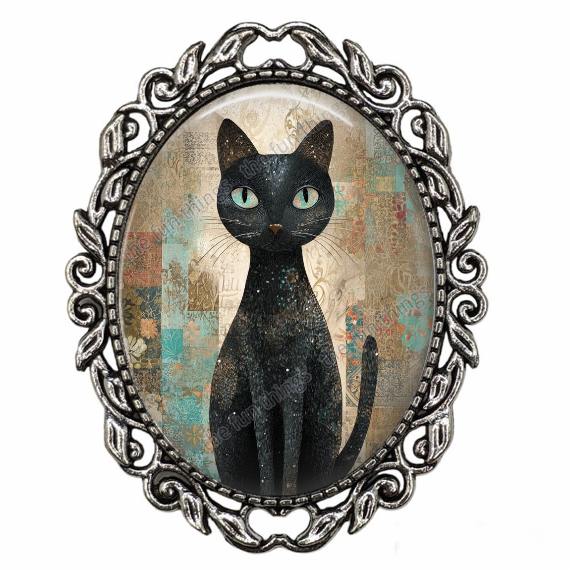 Black Cat Brooch Vintage Style Bohemian Cat Mom Gift Pin Silver Setting Glass