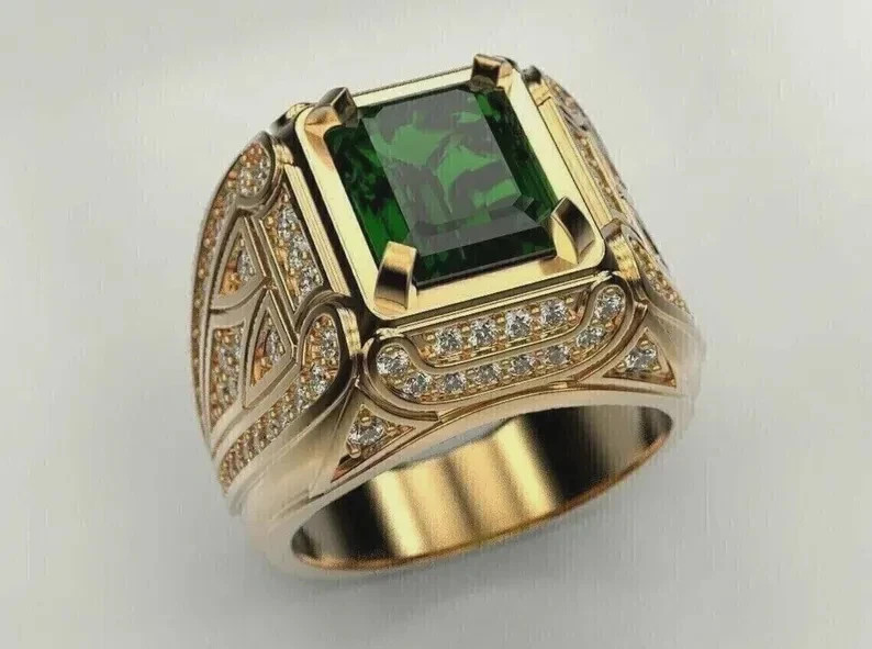 Zambia Emerald Cut Diamond 18K Yellow Gold Over Men\'s Wedding Engagement Ring
