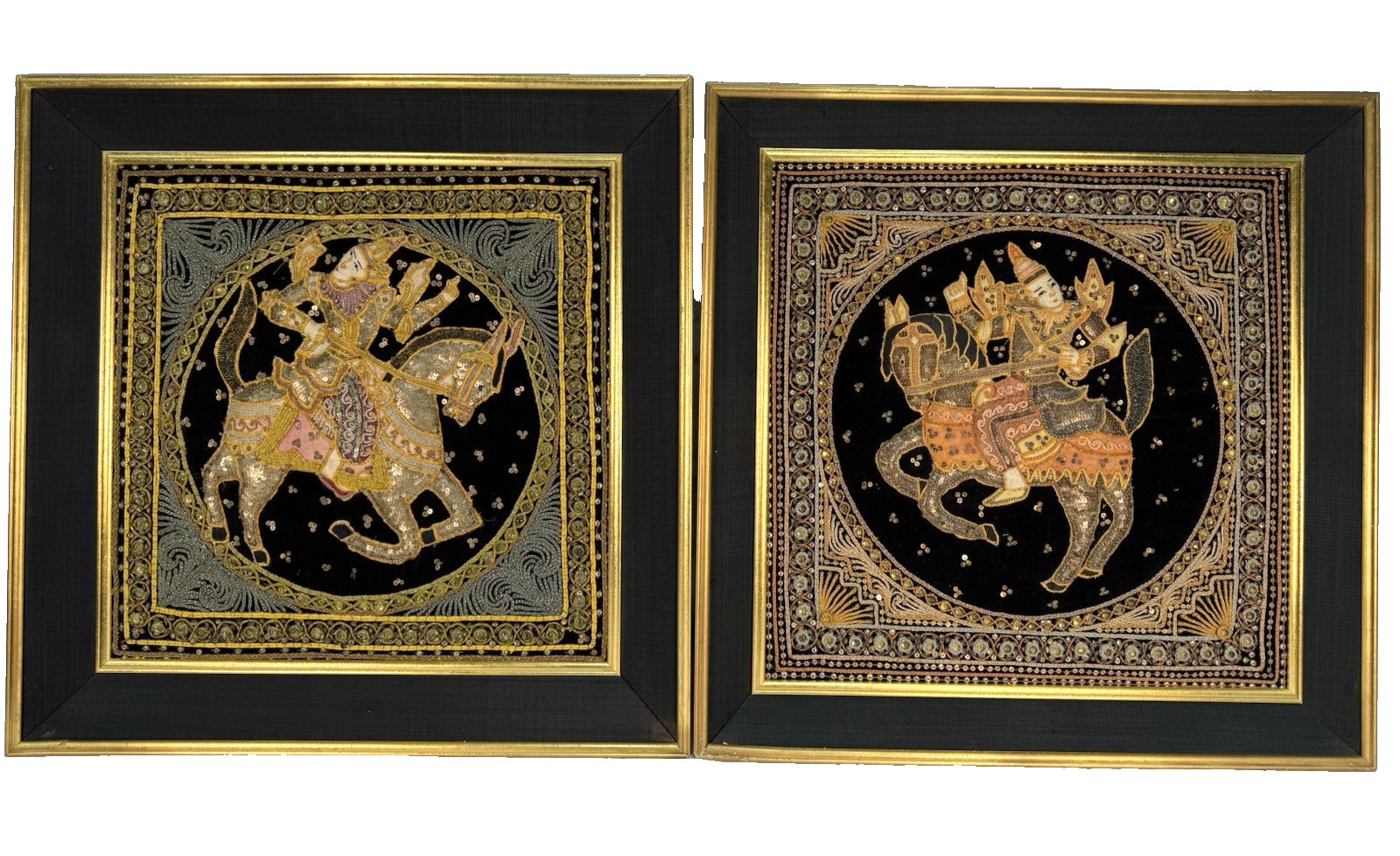 Vintage Burmese Kalaga Tapestry Framed Pair 24x24 Hand Embroidered Warrior Horse