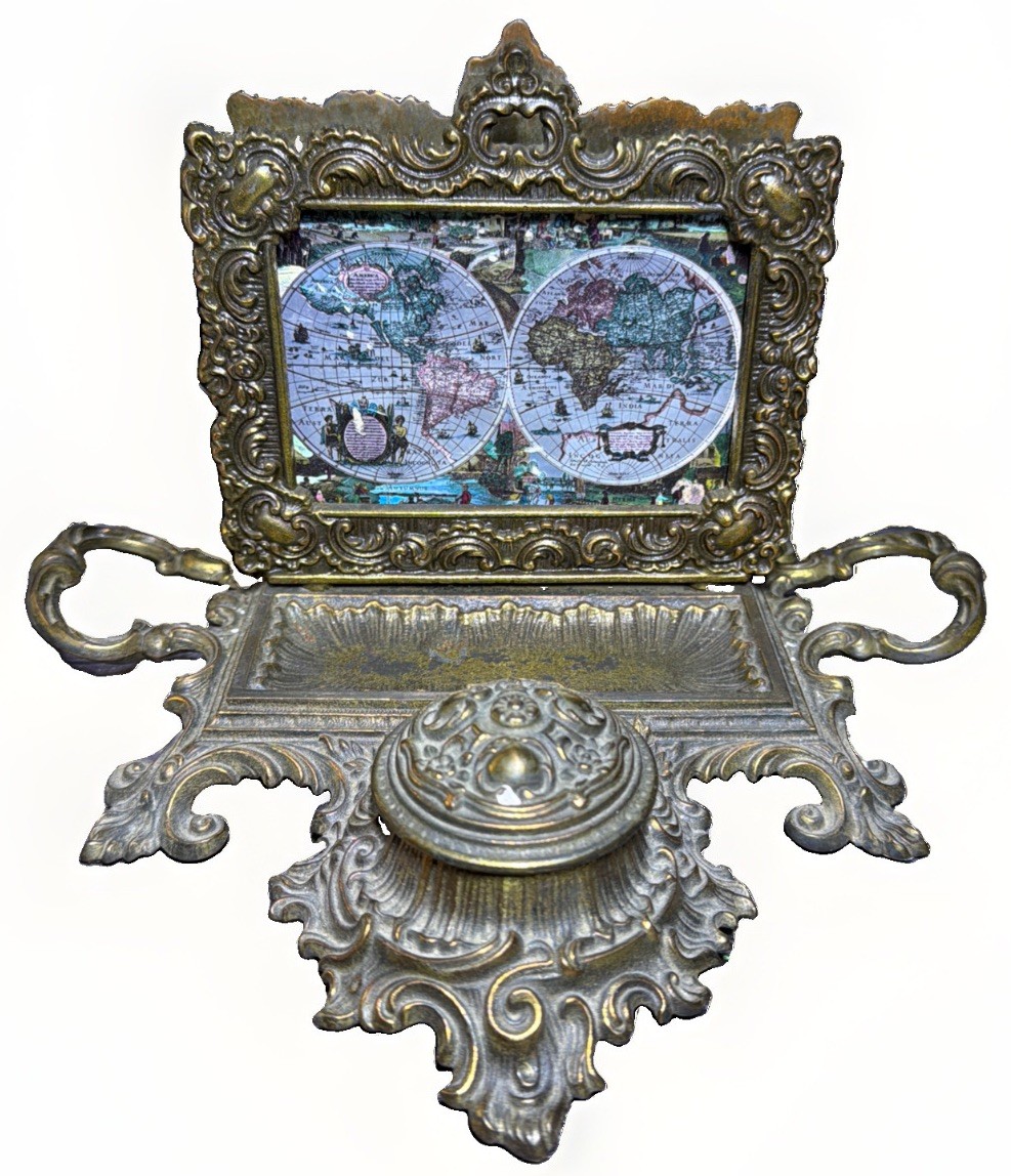 Vintage Brass Rococo Desk Inkstand Letter Rack Pen Tray Set with Liner