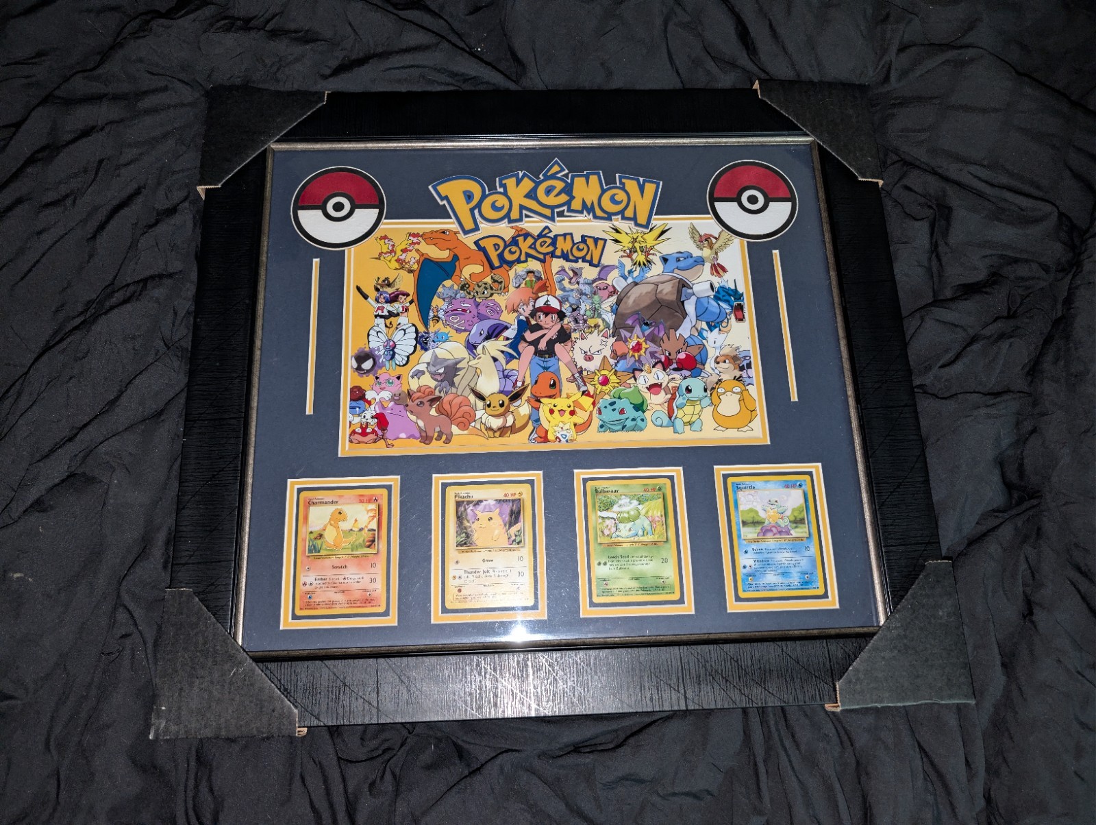 Pokémon Gen 1 Framed Wall Art w/ 4 Cards Pikachu Charmander Bulbasaur Squirtle
