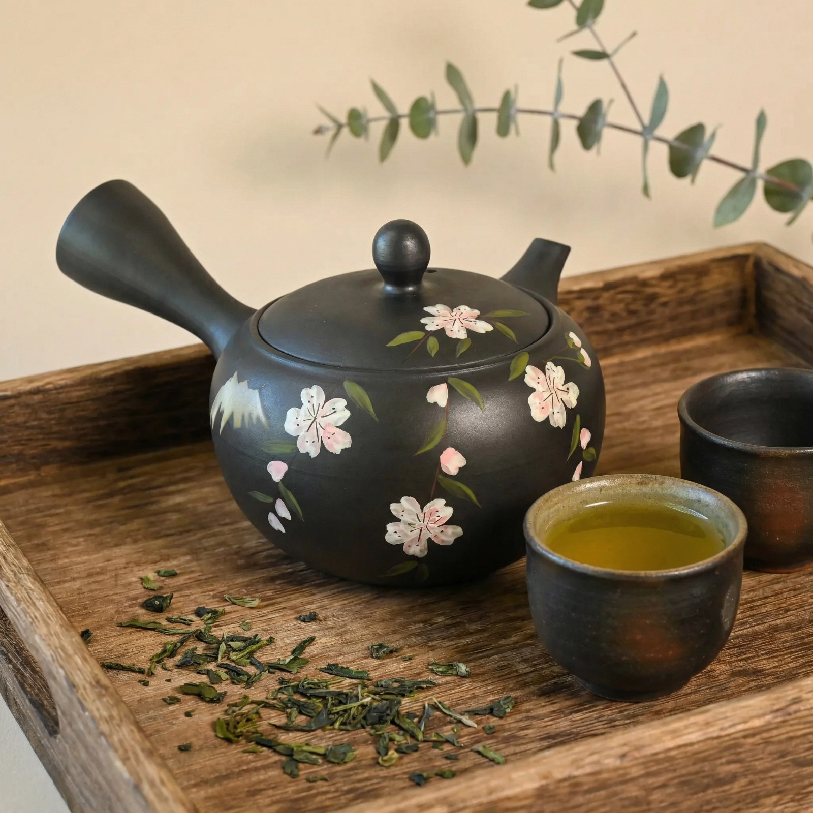 Handmade Dark Brown Pink Sakura Kyusu Teapot: Loose Leaf Tea Strainer 14.5 fl oz