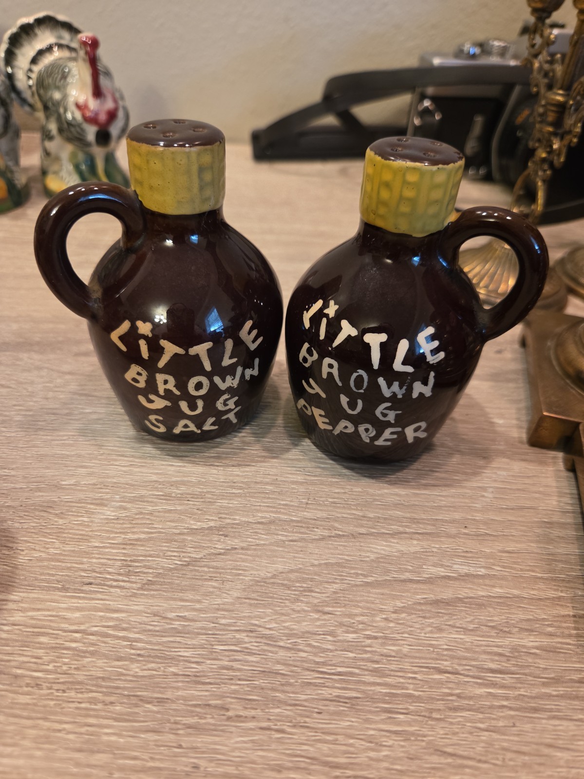 Vintage Little Brown Jug Salt And Pepper Shakers Set Crock Bottle