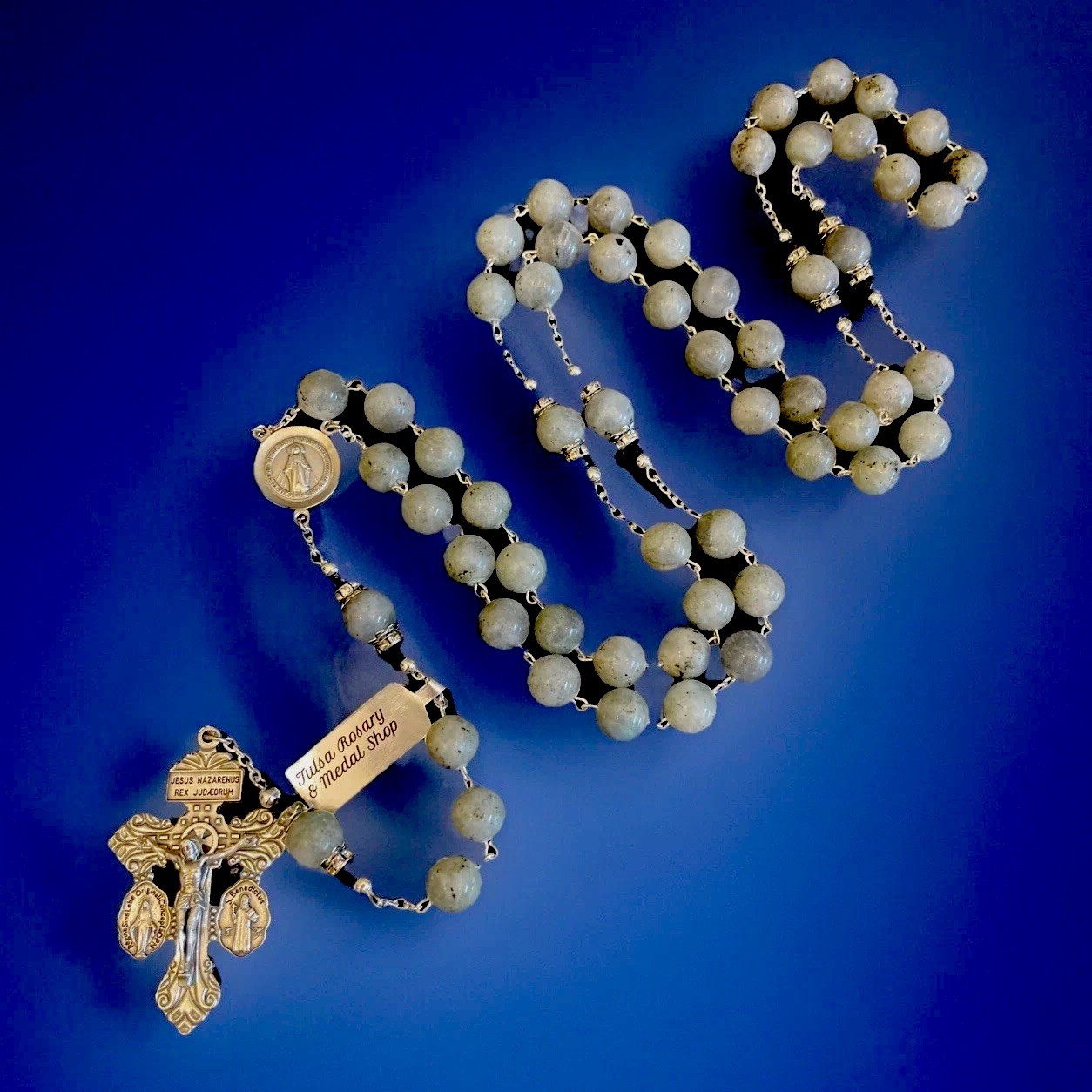 Semi Precious Gray Labradorite 10mm Stone 29” Rosary Pardon Crucifix Tag